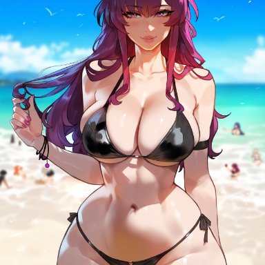 honkai (series), honkai: star rail, kafka (honkai: star rail), floox, thiccwithaq (ai style), 1girls, beach, breasts, female, large breasts, light skin, light-skinned female, long hair, naughty face, outdoors