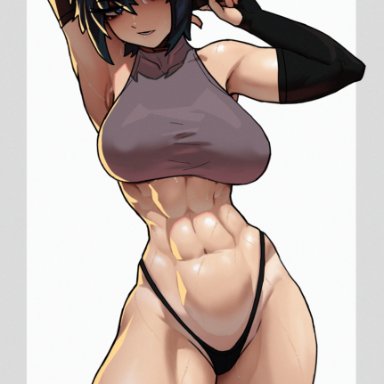 kill la kill, matoi ryuuko, stopu, abdomen, abs, alternate hairstyle, armpit, arms behind head, arms up, armwear, bare shoulders, belly, belly button, black hair, black thong