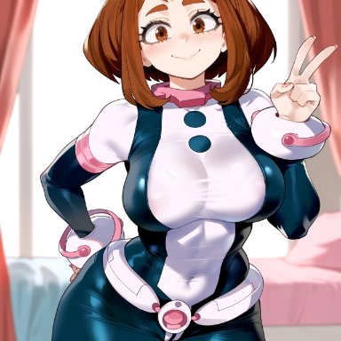 boku no hero academia, my hero academia, uraraka ochako, creamy ai, bodysuit, brown eyes, brown hair, curvy, large breasts, thick thighs, v sign, wide hips, ai generated