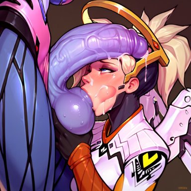 overwatch, overwatch 2, mercy, widowmaker, cecil (artist), 1futa, ball sucking, balls, big balls, blonde hair, blue eyes, clothed, cock worship, cum, cum on face