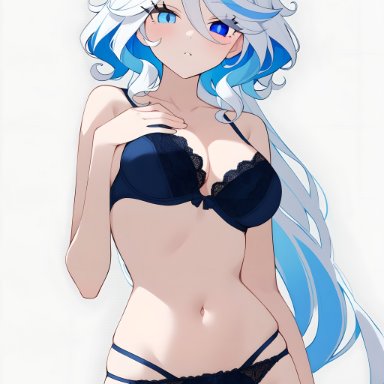 genshin impact, furina (genshin impact), 1girls, blue bra, blue eyes, blue hair, blue panties, blush, bra, breasts, clothing, eye contact, female, female only, heterochromia