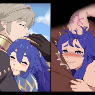 fire emblem, fire emblem awakening, nintendo, lucina (fire emblem), robin (fire emblem), robin (fire emblem) (male), decox, 1boy, 1girls, blue eyes, blue hair, cuddling, eyes of grima, hair pull, hand on head