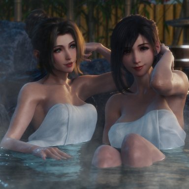 final fantasy, final fantasy vii, final fantasy vii rebirth, final fantasy vii remake, aerith gainsborough, tifa lockhart, ria-neearts, 2girls, bamboo, black hair, breasts, brown hair, earrings, evening, female