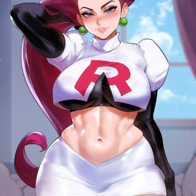 pokemon, jessie (pokemon), team rocket, creamy ai, blue eyes, curvy, large breasts, pink hair, team rocket uniform, thick thighs, wide hips, ai generated