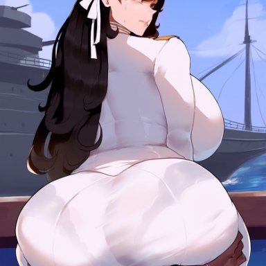 azur lane, atago (azur lane), sinderellaart, 1boy, big ass, big breasts, big butt, breasts, dark skin, dark-skinned male, fat man, female, groping, groping ass, groping from behind