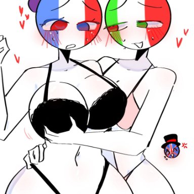 countryhumans, countryhumans girl, france (countryhumans), italy (countryhumans), united kingdom (countryhumans), kak0yt0 chel, 3girls, beret, big breasts, bikini, bikinis, black bikini, blue pupils, blush, blushing at another