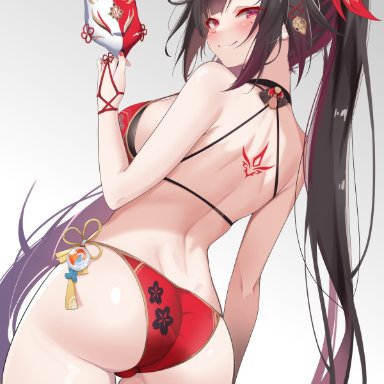 honkai (series), honkai: star rail, sparkle (honkai: star rail), ineedu041 tako, 1girls, alternate costume, ass, back tattoo, bare back, bell, bikini, black hair, blush, breasts, butt crack