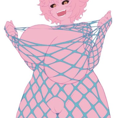 boku no hero academia, my hero academia, mina ashido, freddyhalloween, 1girls, big breasts, black sclera, curvaceous, curvy female, curvy figure, exposed pussy, female, fishnet bodysuit, fishnets, horns