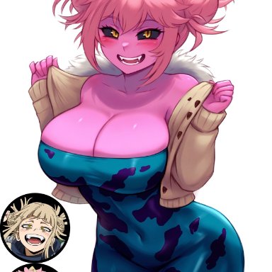 my hero academia, himiko toga, mina ashido, krystalizedart, black sclera, blush, bodysuit, cleavage, curvy, curvy figure, fangs, fur coat, fusion, fusion character, grin