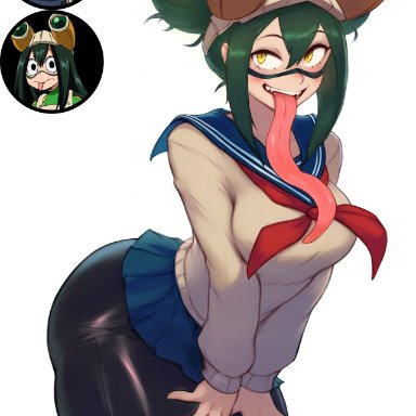 my hero academia, himiko toga, tsuyu asui, krystalizedart, blush, fusion, fusion character, green hair, long tongue, narrow waist, slit pupils, solo, solo female, solo focus, thick