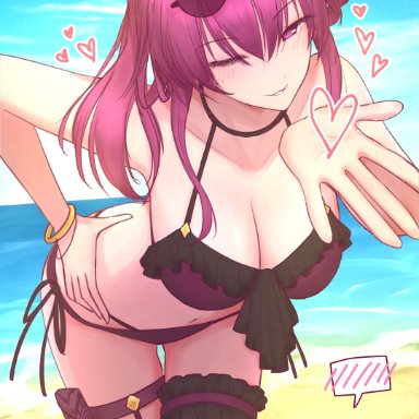 honkai (series), honkai: star rail, kafka (honkai: star rail), silver wolf (honkai: star rail), 2girls, 7ko shimura, alternate costume, bare shoulders, beach, bikini, blowing bubbles, blowing kiss, blush, bracelet, breasts