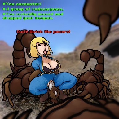 fallout, fallout (series), radscorpion, vault girl, vault meat, zoquete, 1girls, 3boys, ahe gao, arachnid, bestiality, blonde female, blonde hair, bodysuit, bra