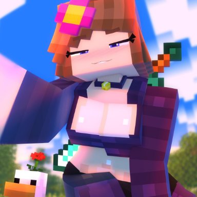 minecraft, mojang, chicken (minecraft), jenny belle (slipperyt), slipperyt, 1girls, bell collar, belly, big breasts, biting lip, black shorts, blue eyes, blush, blush lines, breasts