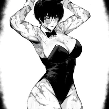 jujutsu kaisen, zenin maki, masoq095, breasts, bunnysuit, burn scar, scars, monochrome