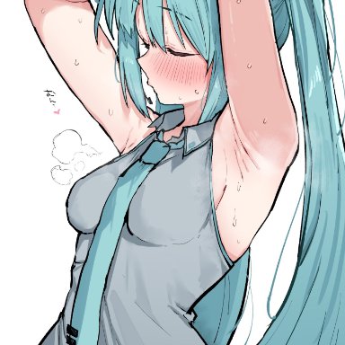 vocaloid, hatsune miku, kobinbin, 1girls, armpit crease, armpit fetish, armpit sweat, armpits, arms up, blush, blushing, clothed, female, female only, fully clothed