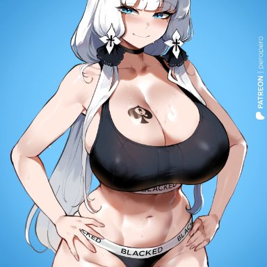 azur lane, blacked, illustrious (azur lane), 1girls, ahoge, big breasts, black panties, blacked clothing, blue background, blue eyes, choker, female, hair ribbon, hand on hip, interracial