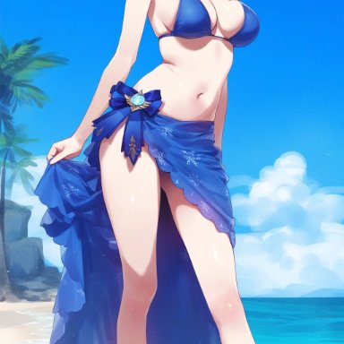 genshin impact, hoyoverse, mihoyo, eula (genshin impact), crowna77, 1girls, alternate costume, beach, big breasts, bikini, bikini bottom, bikini top, blue bikini, blue bikini top, blue hair