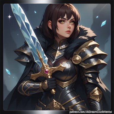 aidreamcrush, ice sword, brown hair, female, gold eyes, sword, warrior, woman warrior, ai generated