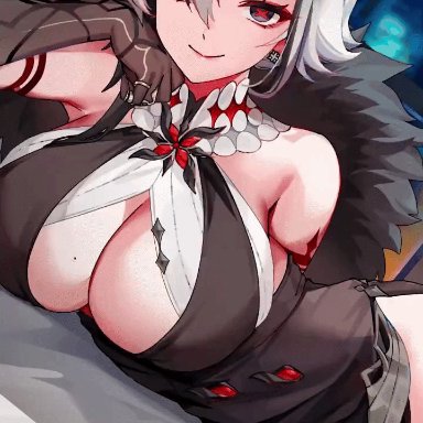 genshin impact, hoyoverse, mihoyo, arlecchino (genshin impact), bbaek3, foxyrain (foxyreine), foxyreine, 1girls, big breasts, bikini, bouncing breasts, breasts, clothed, clothing, female