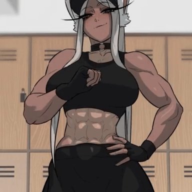 boku no hero academia, my hero academia, mirko, miruko, rumi usagiyama, nightshiftnyx, stopu, 1girls, above view, abs, against locker, animal ears, bare shoulders, biting own lip, black choker