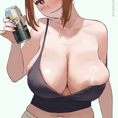 kaii to otome to kamikakushi, sumireko ogawa, zefra bleu, beauty mark, black tank top, blush, breasts, brown eyes, brown hair, clothed, female, female only, hair bun, hair pulled back, huge breasts