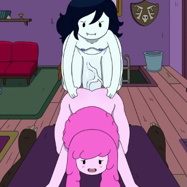 adventure time, cartoon network, marceline, princess bubblegum, nirstormlord, 1futa, 1girls, balls, big balls, big breasts, big penis, black hair, breasts, canon couple, cowgirl position