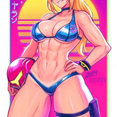 metroid, nintendo, samus aran, zero suit samus, iahfy, 1girls, armor, bangs, bikini, blonde hair, blue bikini, blue eyes, bracelet, breasts, cleavage