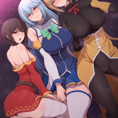 aqua (konosuba), darkness (konosuba), megumin, ponpo, 3girls, ass, bare shoulders, black pantyhose, blonde hair, blue eyes, blue high heel boots, blush, brown hair, cleavage, female