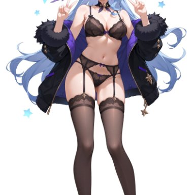 honkai: star rail, robin (honkai: star rail), 1girls, angel wings, blue hair, bra, breasts, double peace sign, garter belt, garter straps, green eyes, high heels, jacket, lingerie, looking at viewer