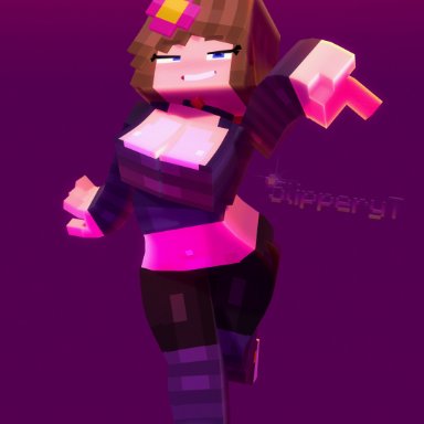 minecraft, mojang, jenny belle (slipperyt), slipperyt, 1girls, arm up, bell collar, belly, big breasts, black shorts, blue eyes, blush, blush lines, breasts, choker