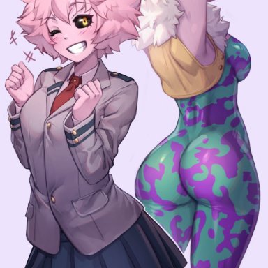 my hero academia, shounen jump, mina ashido, iwbitu, alien girl, armpits, arms up, ass, ass focus, back, big ass, black eyes, black sclera, blush, bodysuit