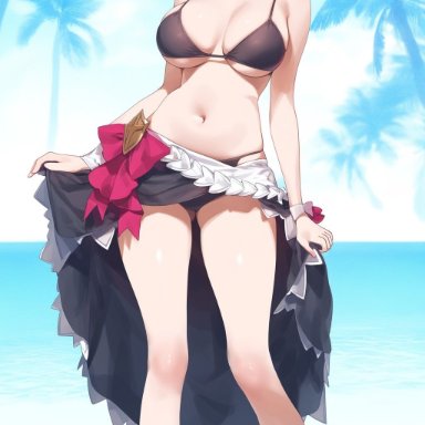 genshin impact, hoyoverse, mihoyo, noelle (genshin impact), crowna77, 1girls, alternate costume, belly button, big breasts, bikini, bikini bottom, bikini top, black bikini, black bikini bottom, black bikini top