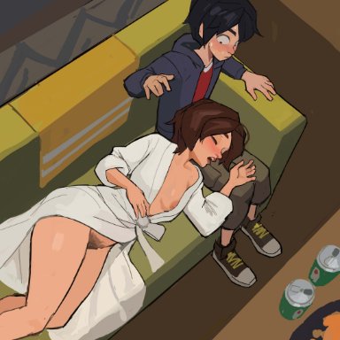 big hero 6, disney, marvel, aunt cass, cass hamada, hiro hamada, amugea, hyung (artist), 1boy, 1girls, age difference, aunt, aunt and nephew, bathrobe, black hair