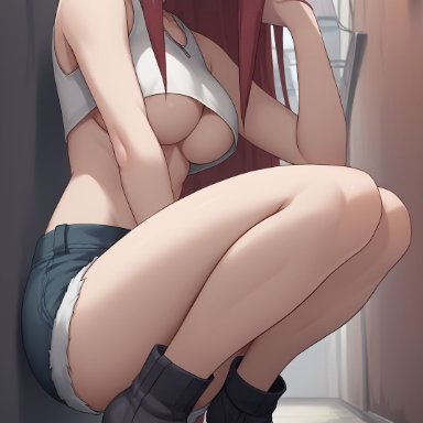 naruto, naruto (series), naruto shippuden, uzumaki kushina, gumi arts, alley, biting own lip, blue eyes, crop top, denim shorts, from below, head tilt, high heel boots, high heels, long hair