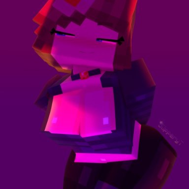 minecraft, mojang, jenny belle (slipperyt), slipperyt, 1girls, arms behind back, bell collar, belly, bent over, big breasts, black shorts, blue eyes, blush, blush lines, breasts