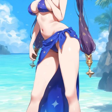 genshin impact, mona (genshin impact), crowna77, alternate costume, aqua eyes, beach, belly button, bikini, bikini bottom, bikini top, black hair, blue bikini, blue bikini bottom, blue bikini top, bra