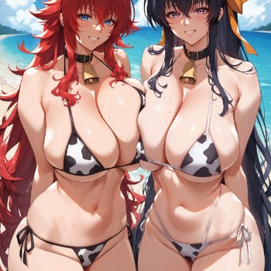 high school dxd, akeno himejima, rias gremory, bombacopta, 2girls, beach, bikini, black hair, blue eyes, cow print, cowbell, huge breasts, long hair, ponytail, purple eyes