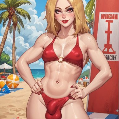 thecoomjurer, abs, beach, bikini, blonde female, blonde futa, blonde hair, bulge, bulge through clothing, dickgirl, eyelashes, eyeliner, eyeshadow, freckles, futanari