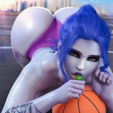 blizzard entertainment, overwatch, overwatch 2, amelie lacroix, widowmaker, milapone, 1girls, arm tattoo, ass, ass up, assassin, athletic, athletic female, back tattoo, basketball