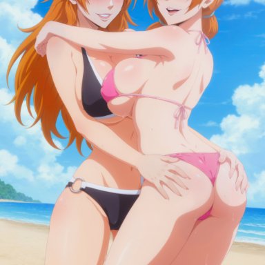 bleach, inoue orihime, matsumoto rangiku, taz ia, 2girls, adult, adult and teenager, age difference, ass, ass focus, ass grab, asymmetrical docking, barefoot, beach, big breasts