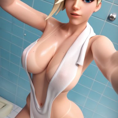 blizzard entertainment, overwatch, overwatch 2, angela ziegler, mercy, galszip, bathroom, big breasts, blonde hair, blue eyes, breasts, huge breasts, nipple bulge, selfie, selfie pose