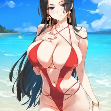 one piece, shounen jump, boa hancock, laino airt, 1girls, bare arms, bare legs, bare shoulders, bare thighs, beach, big breasts, bikini, bikini bottom, bikini top, black hair