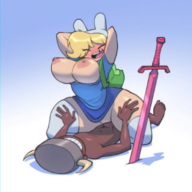 adventure time, cartoon network, fionna the human girl, bigdad, darnact, 1girls, areolae, arms behind head, backpack, backsack, bag, blonde hair, bottomless, clothed, clothed female nude male