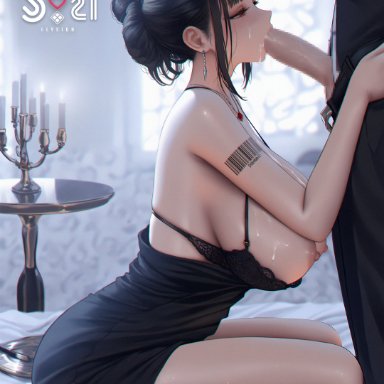 goddess of victory: nikke, commander (nikke), d (killer wife) (nikke), d (nikke), goldenmiocola, 1boy, arm tattoo, barcode, barcode tattoo, black bra, black dress, black footwear, black pants, bra, breasts