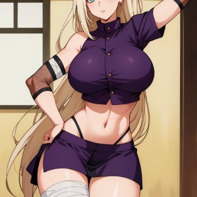 naruto, ino yamanaka, the way (artist), 1girls, big breasts, blonde hair, breasts, female, long hair, looking at viewer, short skirt, solo, thighs, thong, ai generated