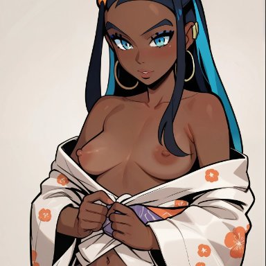 pokemon, pokemon sm, gym leader, nessa (pokemon), userisbad, 1girls, breasts, breasts out, dark skin, dark-skinned female, female, female only, nipples, open clothes, solo