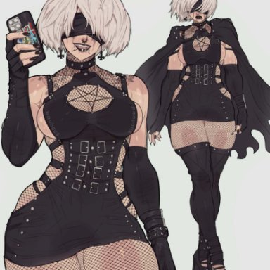 nier: automata, yorha 2b, yoracrab, 1girls, black lipstick, blindfold, female, female only, fishnet legwear, fishnets, goth, goth girl, lipstick, phone, solo