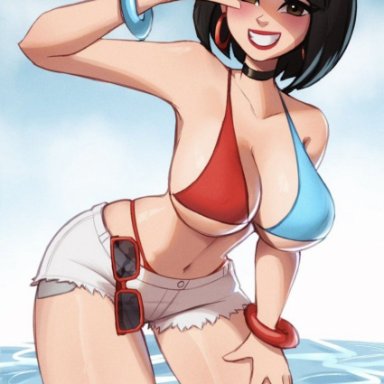 fortnite, fortnite: battle royale, evie (fortnite), magaska19, beach, bikini, bikini top, black hair, bracelet, brown eyes, choker, cleavage, eyewear removed, hair clip, red lipstick