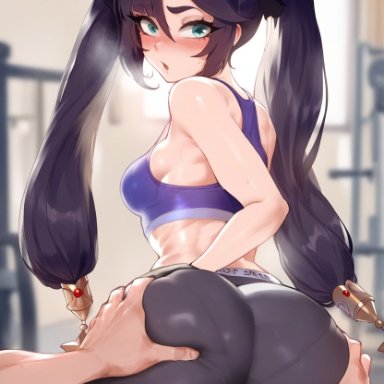 genshin impact, mona (genshin impact), 1girls, ass, ass grab, female, groping, gym, gym clothes, hourglass figure, legwear, looking at viewer, looking back, pervert, purple hair