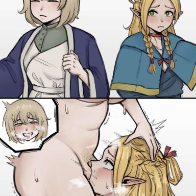 delicious in dungeon, dungeon meshi, falin touden, marcille donato, suthep, 1futa, 1girls, before and after, blonde hair, elf, fellatio, futa on female, futanari, meme, tagme